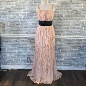 Vera Wang White Blush Pink Chiffon Dress Black Sash Ruffled Feminine Romantic 8